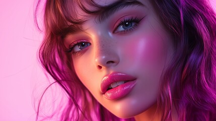 Fototapeta premium Vibrant portrait of a young woman with pink highlights and glowing makeup under colorful lighting