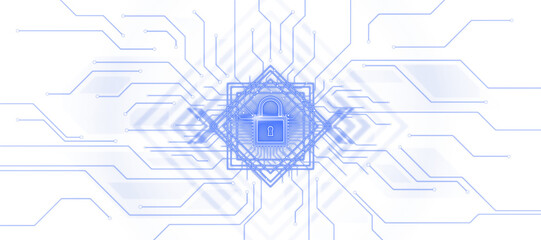 Futuristic digital lock icon with blue circuit lines on a white background, showcasing modern technology and virtual security concepts. 3D Rendering.