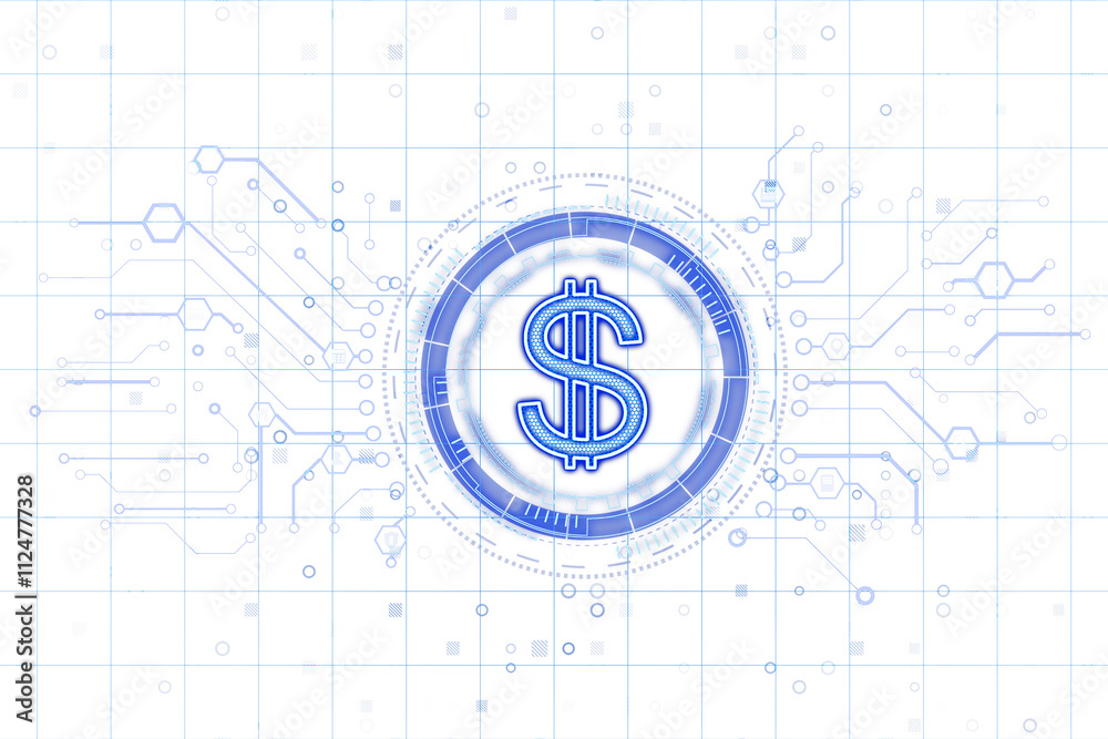 Poster neon-style blue dollar sign encircled by a futuristic tech design, on a white background with transp