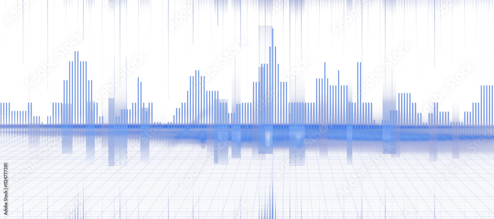 Poster blue cityscape with gridlines and vertical bars, modern digital style on a white background, depicti