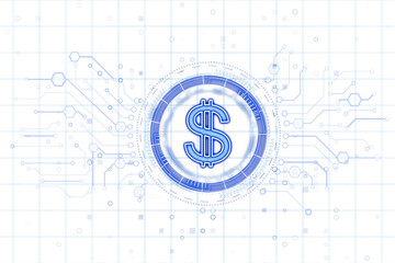 Neon-style blue dollar sign encircled by a futuristic tech design, on a white background with transparent grid layout, symbolizing digital finance. 3D Rendering.