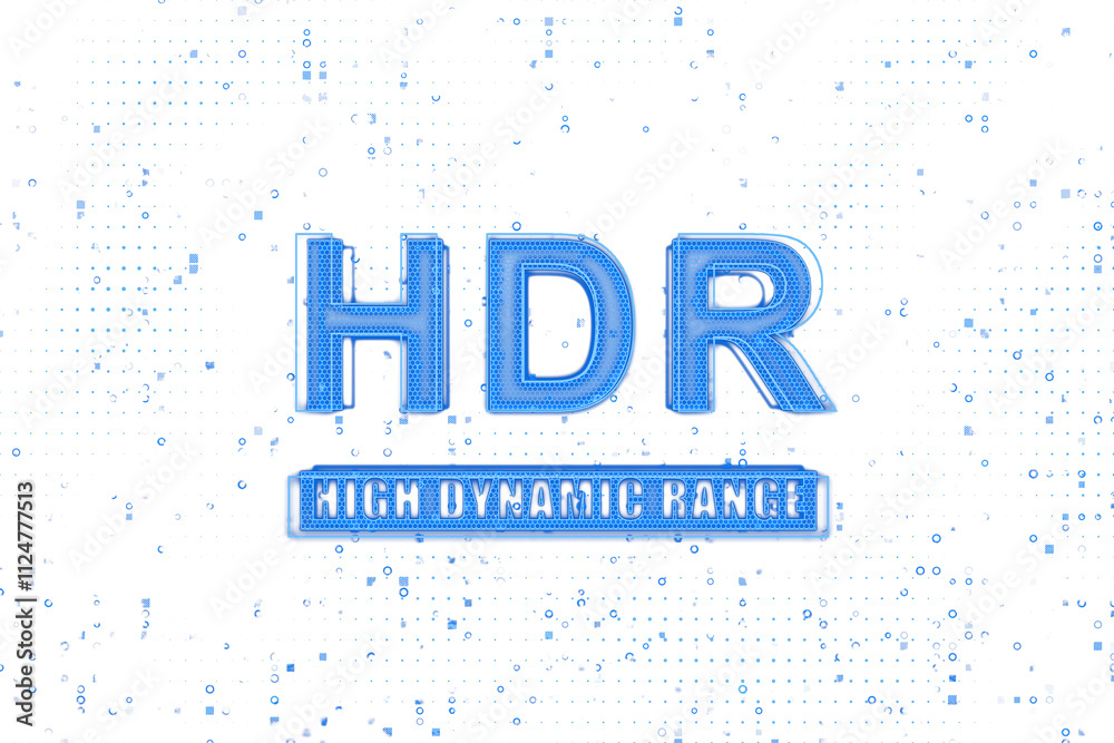 Aufkleber Blue neon text HDR High Dynamic Range with dotted pattern on white background, digital style, symbolizing modern technology concept. 3D Rendering.
