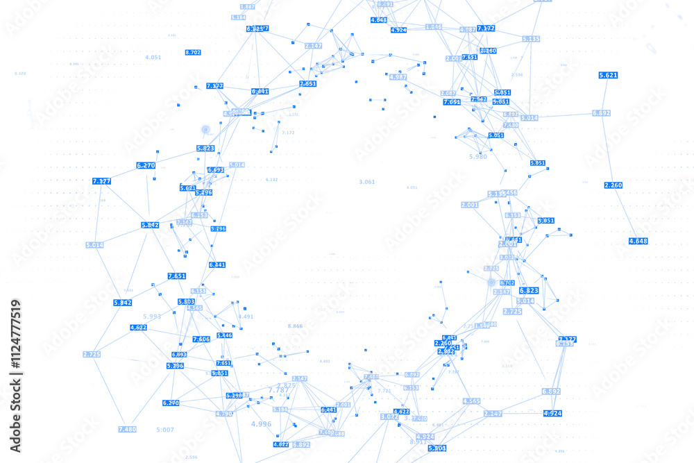Aufkleber Abstract network with blue data points connected by lines, creating a digital tech layout, white background, virtual data concept. 3D Rendering.