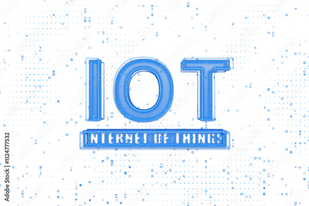 Poster iot internet of things text, neon blue style, digital dots on white background, concept of connectiv