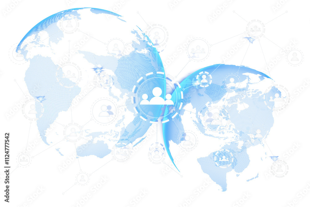 Aufkleber Blue world map with user icons, connected lines, and virtual network elements on white background. Concept of digital communication. 3D Rendering.