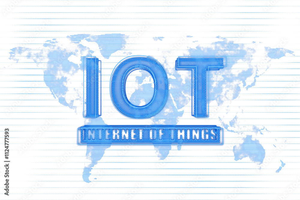 Poster iot text in blue digital style over a world map design, white background, clean layout, concept of t