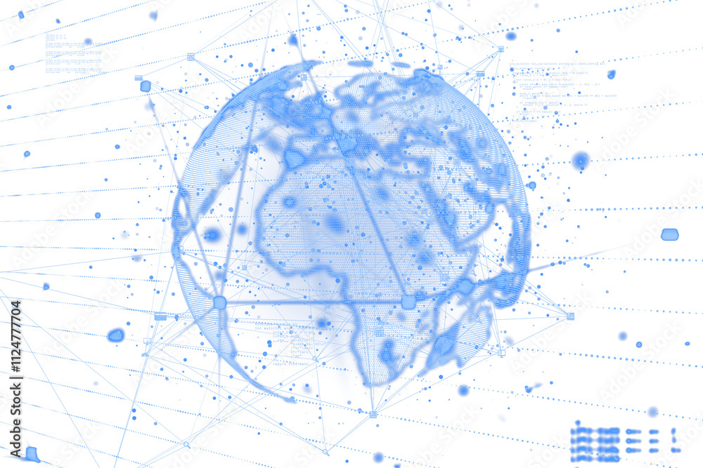 Aufkleber A digital globe made of blue lines, dots, and connections on a white background, representing global technology and data networking concepts. 3D Rendering.