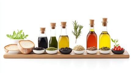 Assorted Oils and Vinegars on a Wooden Board with Fresh Ingredients, Bread Slices, and Colorful Spices for Culinary Inspiration and Cooking Decor