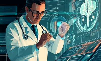 A scientist analyzes data on a digital interface in a modern laboratory setting. - Powered by Adobe