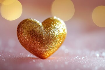 Obraz premium single golden heart-shaped charm rests delicately on smooth blush pink surface softly illuminated with generous copy