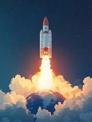 Fototapeta premium Rocket launches into space with dramatic flame and cloud display from Earth