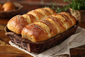 Soft and golden sesame bread loaves are arranged neatly in a woven basket atop a light linen cloth. The rustic wooden table enhances the warm, inviting atmosphere of this cozy kitchen
