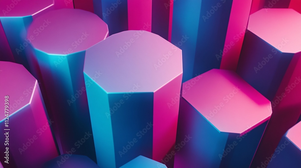 Poster Octagonal prisms creating an abstract colorful background with neon lights