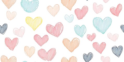 A seamless pattern of cute doodle hearts in pastel colors