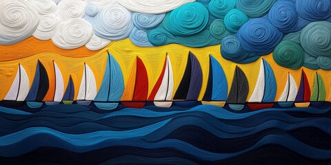 Colorful Sailboats at Sea Textured Art Summer Sunset Ocean Waves