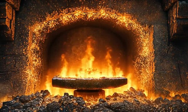 A fiery forge with molten metal and glowing embers.
