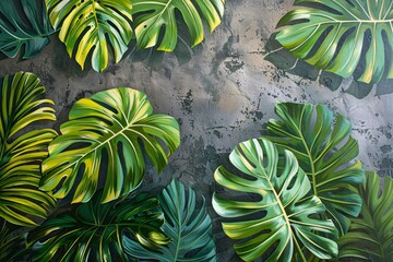 Fototapeta premium Lush, green tropical leaves are arranged artistically against a textured gray wall, bringing a fresh and lively atmosphere to the indoor environment, ideal for home decoration or interior design