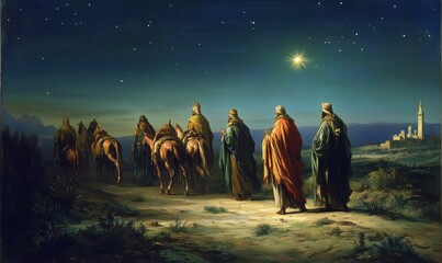 Fototapeta premium Wise Men following Star, journey to Bethlehem, night sky, camels, historical figures, desert landscape, religious significance
