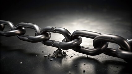 Obraz premium Black Broken Chain Symbolizing Damage and Weakness in Connections, Representing the Concept of Disruption and Failure in Relationships and Systems