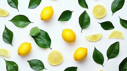 Lemon and green leaves on a white background, creating an organic pattern with copy space for text or images
