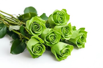 Freshly cut green roses form a bouquet on a pristine white background, creating a vibrant and elegant display