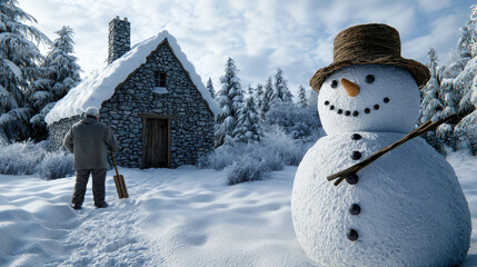 Quaint Stone Cottage with Snow Covered Roof in Winter Landscape
