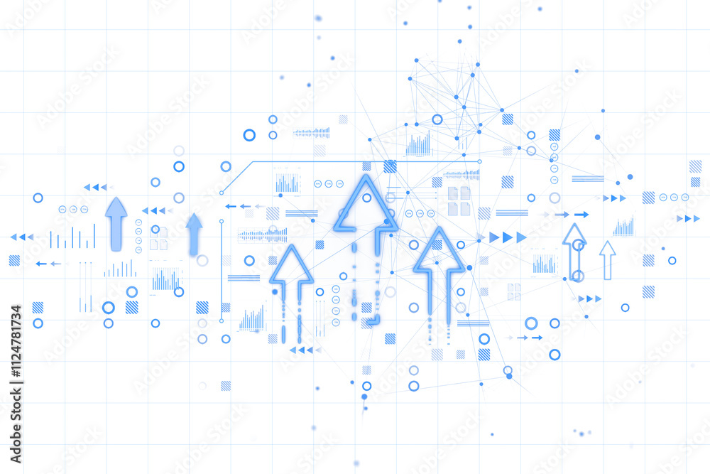 Poster blue neon arrows and tech icons on white grid background, digital virtual style, representing growth