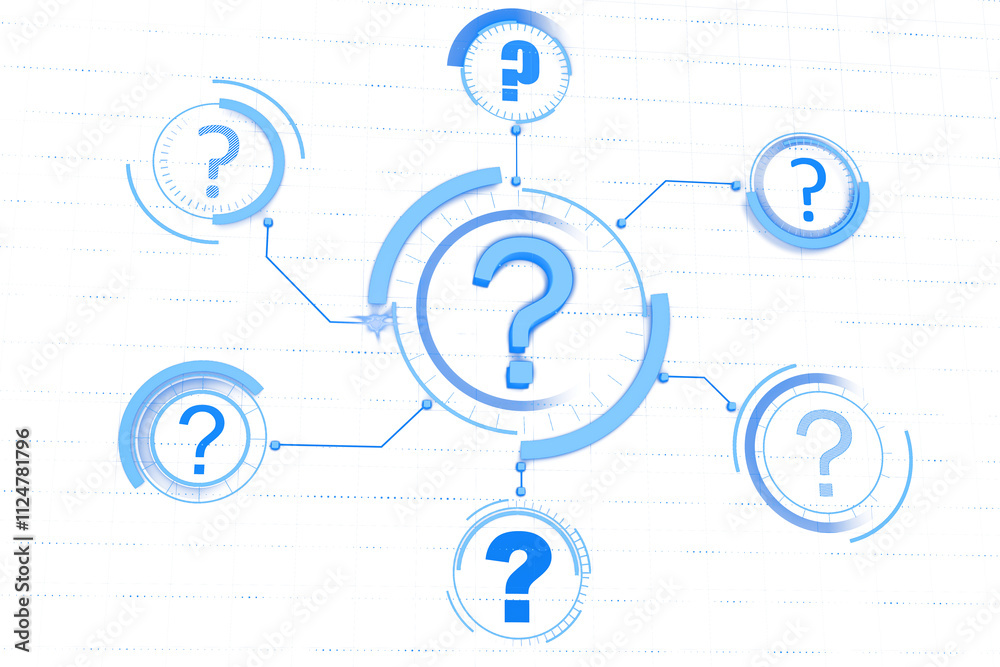 Aufkleber Five question marks in blue holographic style interconnected with virtual lines on a white background, representing search and solutions concept. 3D Rendering.
