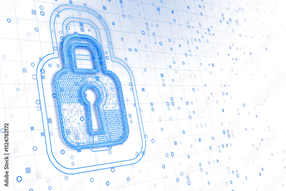 Poster Abstract blue lock icon with binary patterns and grid elements, displayed on a white background. Concept of virtual security and tech design. 3D Rendering.