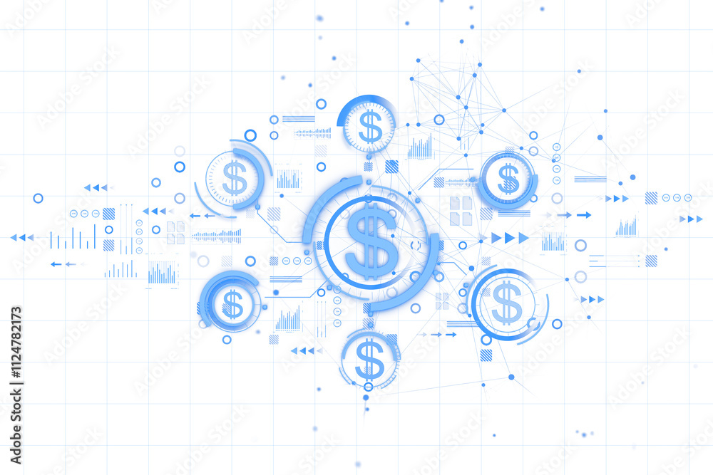 Aufkleber Blue dollar icons surrounded by abstract data graphs, neon elements, and tech-style patterns on a clean white background, concept of finance. 3D Rendering.