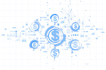 Blue dollar icons surrounded by abstract data graphs, neon elements, and tech-style patterns on a clean white background, concept of finance. 3D Rendering.