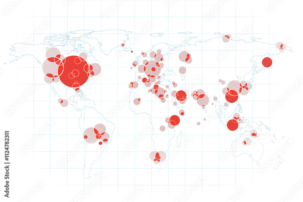 Poster World map with red circles of varying sizes on a grid layout, representing data clusters and geographic distribution, clean white background. 3D Rendering.