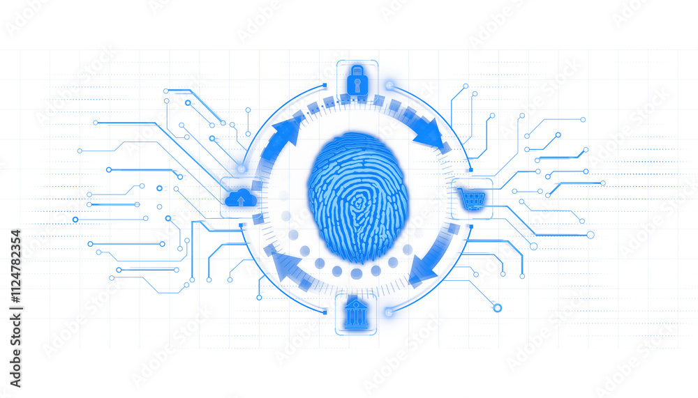 Poster blue fingerprint icon in technological style, surrounded by digital circuits and icons, placed on a 
