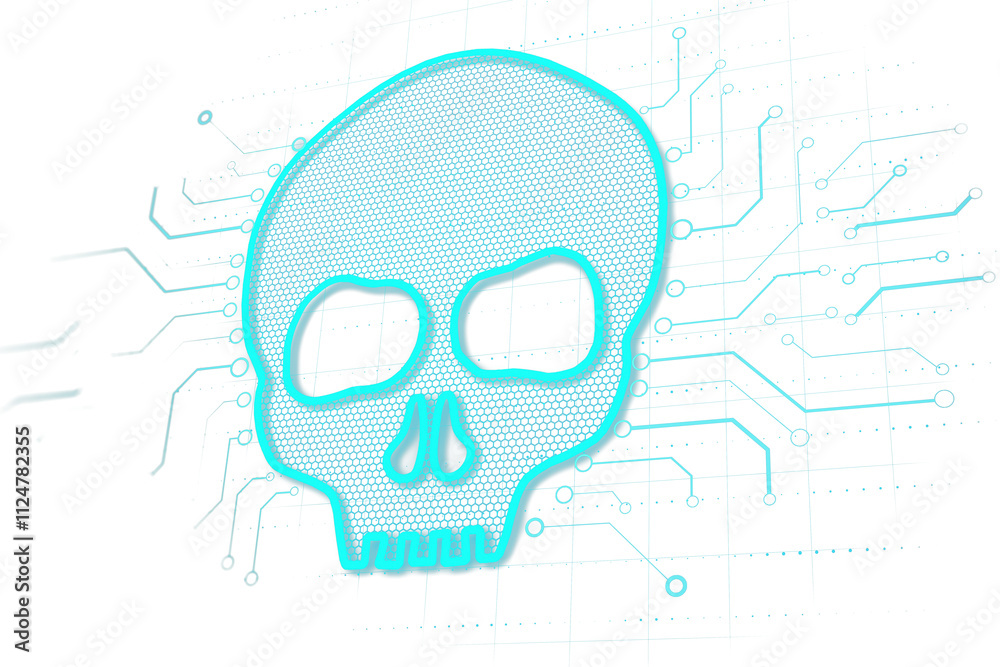 Poster Digital skull with honeycomb pattern and neon blue outline, displayed on a white background with circuit lines. Concept of virtual tech. 3D Rendering.