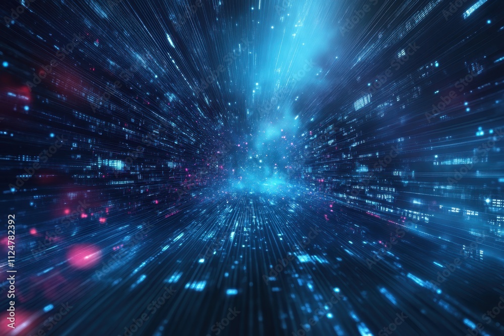 Fototapete Digital lights create a sense of motion through a futuristic landscape filled with data