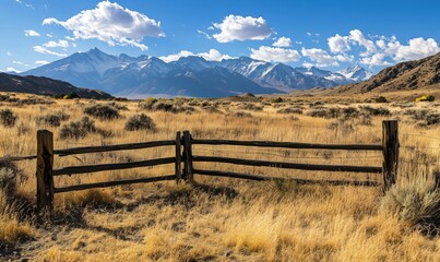Mountain landscape with wooden fence, vast grassland, and snow-capped peaks under blue sky