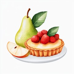 watercolor Delicious pear tart with fresh raspberries and ripe pear, creating delightful dessert scene. Perfect for fruit lovers and pastry enthusiasts