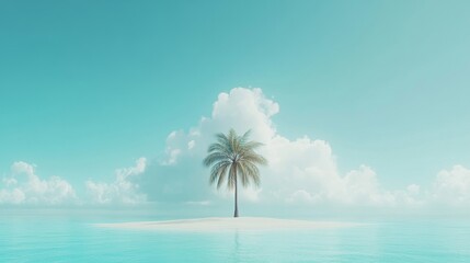 Fototapeta premium Serene tropical island with lone palm tree surrounded by turquoise water and fluffy clouds under a clear sky, evoking peace and wanderlust for travel enthusiasts