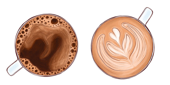 A set top view of a black coffee and a latte with artful foam design. Illustration of the contrast between rich crema and smooth latte art. For coffee bar branding, beverage menus, lifestyle visuals