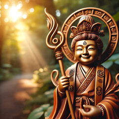 Obraz premium A portrayal of Sarutahiko, guardian deity of travelers, holding a staff, with a radiant path surrounded by nature, symbolizing guidance and safety.