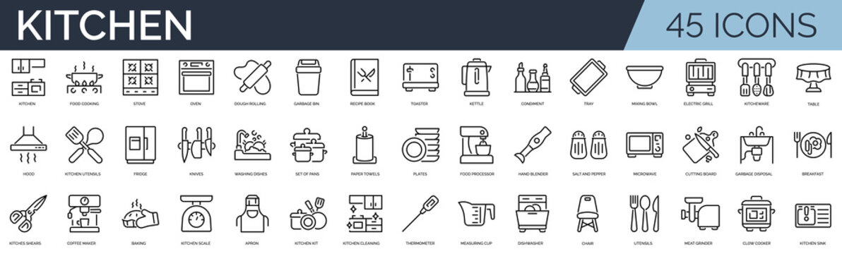 Set of 45 outline icons related to kitchen. Linear icon collection. Editable stroke. Vector illustration	