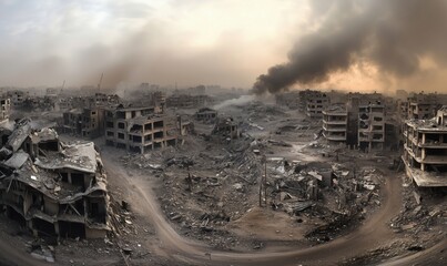 Destruction aftermath war-torn city, ruined buildings, smoke rising, debris scattered, desolate landscape, signs of conflict, abandoned structures