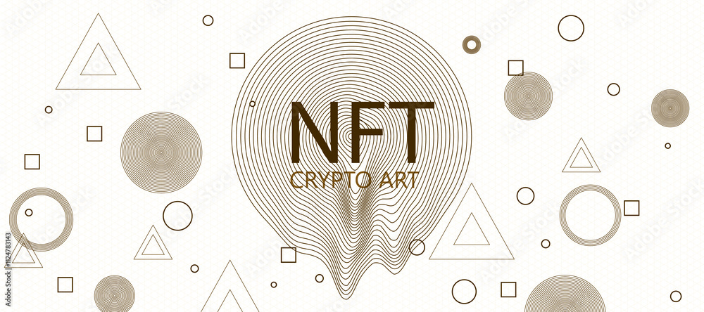 Aufkleber abstract nft-themed design with geometric shapes, gold outlines, and circular patterns on a white ba