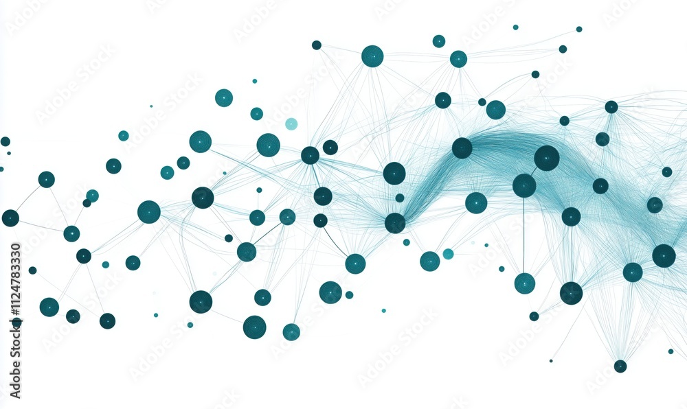 Poster abstract network visualization with nodes and connections, featuring teal circles and lines, represe