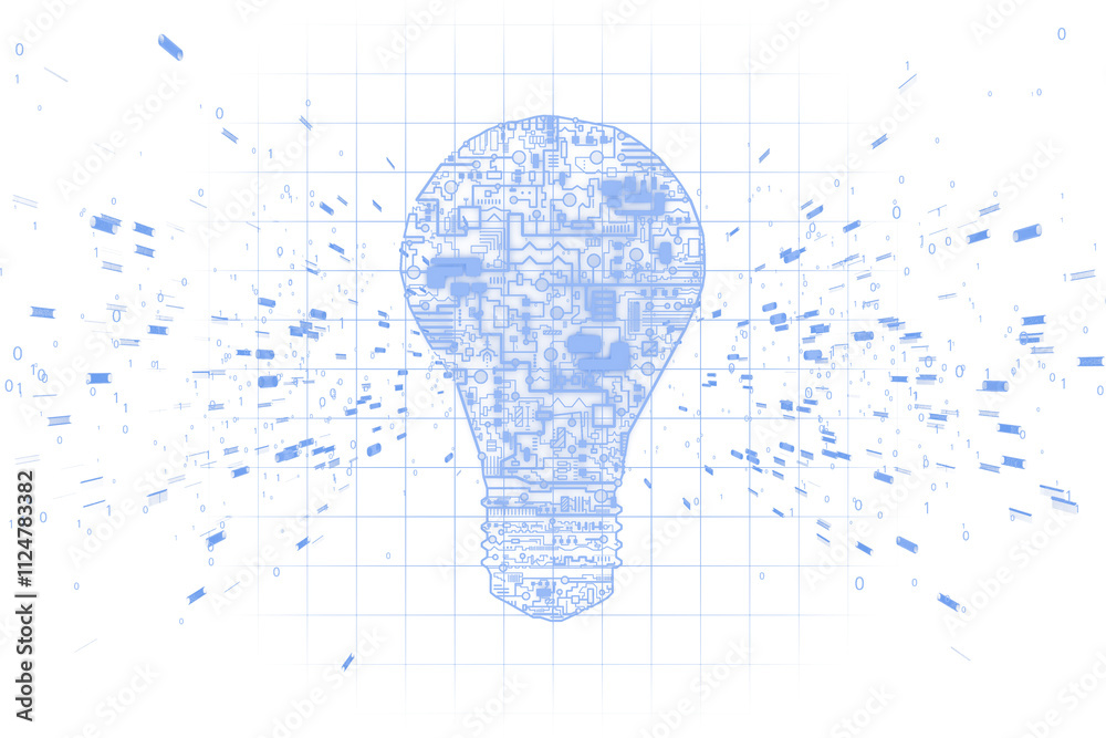 Poster Digital lightbulb with intricate circuit-style patterns, abstract light streaks, binary code, white background, symbolizing innovation and ideas. 3D Rendering.