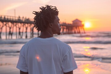 Fototapeta premium A young man stands on the beach, viewing a vibrant sunset behind a wooden pier. Gentle waves roll in as the sun casts a warm glow over the tranquil scene