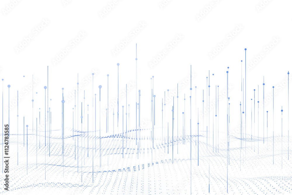 Aufkleber Blue lines and dots forming a digital grid structure on a white background, representing data visualization and technology concepts. 3D Rendering.