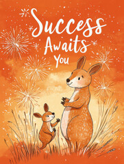Charming New Year Illustrations with kangaroo with a baby joey, jumping with fireworks: Cute Holiday Designs for Cards, Wallpapers, T-Shirts, Posters & Decor
