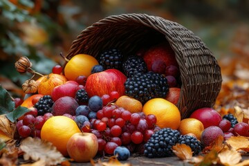 A cornucopia overflowing with colorful fruits, symbolizing abundance and harvest.