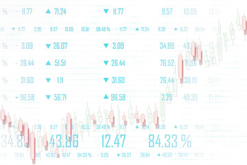 Financial candlestick chart with blue numeric values and arrows, isolated on white background, representing forex trading and market analysis. 3D Rendering.